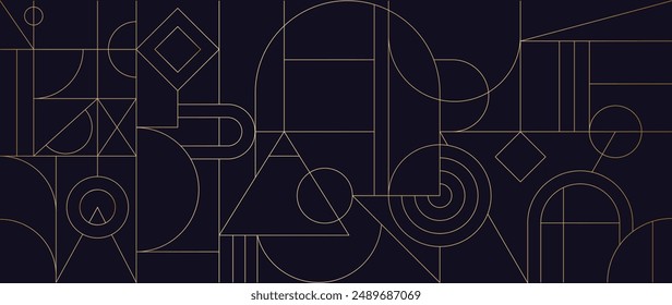 Luxury gold mono line on navy blue background vector. Abstract geometric frame and elegant art deco with delicate. Illustration design for invitation, banner, vip, interior, decoration.