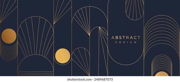 Luxury gold mono line on navy blue background vector. Abstract geometric frame and elegant art deco with delicate. Illustration design for invitation, banner, vip, interior, decoration.