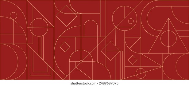 Luxury gold mono line on red background vector. Abstract geometric frame and elegant art deco with delicate. Illustration design for invitation, banner, vip, interior, decoration.