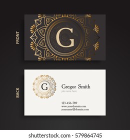 Luxury gold monogram business card. Vintage decorative elements. Ornamental floral, oriental pattern, vector illustration. Islam, Arabic, Indian, turkish, chinese, ottoman motifs.