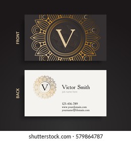 Luxury gold monogram business card. Vintage decorative elements. Ornamental floral, oriental pattern, vector illustration. Islam, Arabic, Indian, turkish, chinese, ottoman motifs.