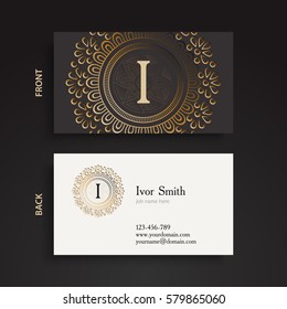 Luxury gold monogram business card. Vintage decorative elements. Ornamental floral, oriental pattern, vector illustration. Islam, Arabic, Indian, turkish, chinese, ottoman motifs.