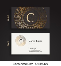 Luxury gold monogram business card. Vintage decorative elements. Ornamental floral, oriental pattern, vector illustration. Islam, Arabic, Indian, turkish, chinese, ottoman motifs.