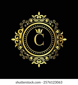 Luxury gold monogram with letter C and crown in ornate floral design on black elegant background  
