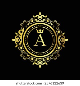 Luxury gold monogram with letter A and crown in ornate floral design on black elegant background  
