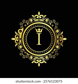 Luxury gold monogram with letter I and crown in ornate floral design on black elegant background  
