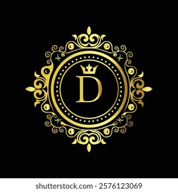 Luxury gold monogram with letter D and crown in ornate floral design on black elegant background  
