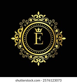 Luxury gold monogram with letter E and crown in ornate floral design on black elegant background  
