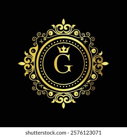 Luxury gold monogram with letter G and crown in ornate floral design on black elegant background  
