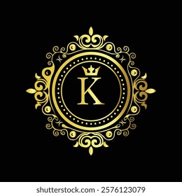 Luxury gold monogram with letter K and crown in ornate floral design on black elegant background  
