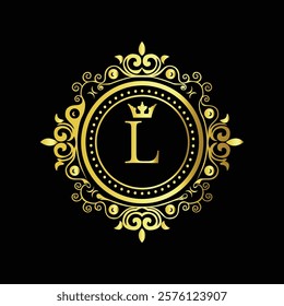 Luxury gold monogram with letter L and crown in ornate floral design on black elegant background  
