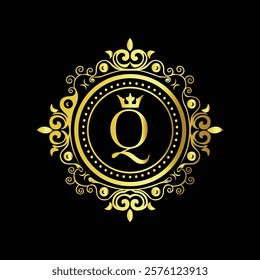 Luxury gold monogram with letter Q and crown in ornate floral design on black elegant background  
