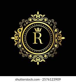 Luxury gold monogram with letter R and crown in ornate floral design on black elegant background  
