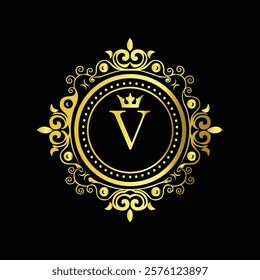 Luxury gold monogram with letter V and crown in ornate floral design on black elegant background  
