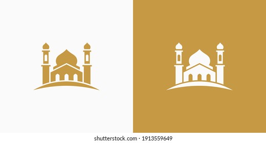 Luxury gold mosque logo design. Modern and professional mosque or masjid vector template. Islamic building symbol with golden dome and tower. Simple masjid icon for muslim organization or community.