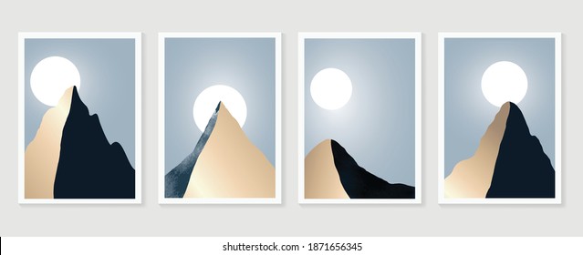 Luxury Gold Mountain wall art vector set. Earth tones landscapes backgrounds set with moon and sun.  Abstract Plant Art design for print, cover, wallpaper, Minimal and  natural wall art. 