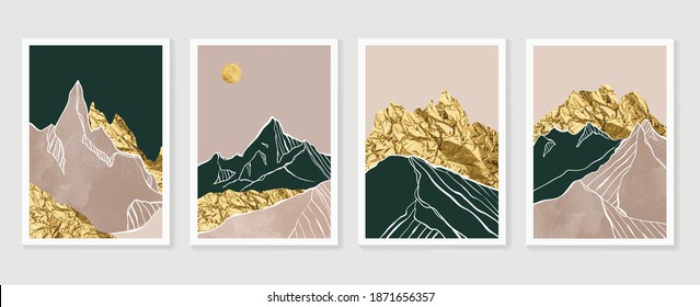 Luxury Gold Mountain wall art vector set. Earth tones landscapes backgrounds set with moon and sun.  Abstract Plant Art design for print, cover, wallpaper, Minimal and  natural wall art. 