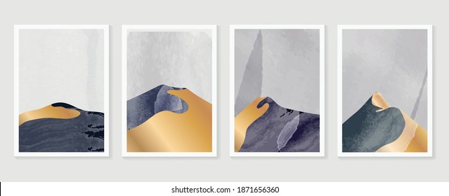 Luxury Gold Mountain wall art vector set. Earth tones landscapes backgrounds set with moon and sun.  Abstract Plant Art design for print, cover, wallpaper, Minimal and  natural wall art. 