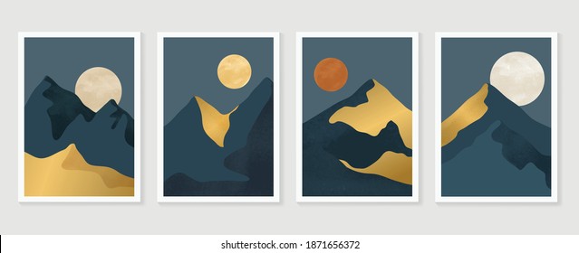 Luxury Gold Mountain wall art vector set. Earth tones landscapes backgrounds set with moon and sun.  Abstract Plant Art design for print, cover, wallpaper, Minimal and  natural wall art. 