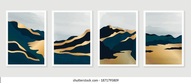 Luxury Gold Mountain wall art vector set. Earth tones landscapes backgrounds set with moon and sun.  Abstract Plant Art design for print, cover, wallpaper, Minimal and  natural wall art. 