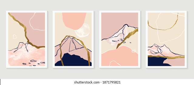 Luxury Gold Mountain wall art vector set. Earth tones landscapes backgrounds set with moon and sun.  Abstract Plant Art design for print, cover, wallpaper, Minimal and  natural wall art. 