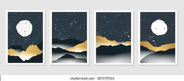 Luxury Gold Mountain wall art vector set. Earth tones landscapes backgrounds set with moon and sun.  Abstract Plant Art design for print, cover, wallpaper, Minimal and  natural wall art. 