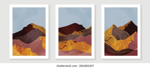 Luxury Gold Mountain wall art vector set. Landscapes abstract line art design for print, cover, wallpaper, Minimal and  natural wall art. 
