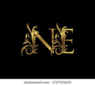 Icono del logotipo floral de lujo Gold N, E y NE Letter. Emblema pintado para el diseño de libros, tarjeta de maleza, sello de carta, Restaurante, Boutique, Hotel. 
