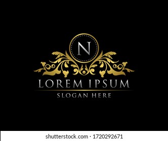 Luxury Gold N Letter Logo template in vector for Restaurant, Royalty, Boutique, Cafe, Hotel, Heraldic, Jewelry, Fashion and other vector illustration