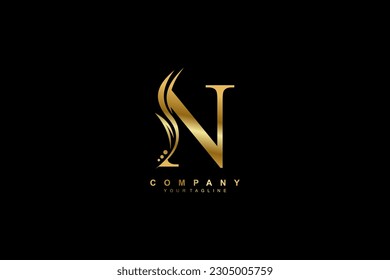 Luxury gold N logo design with feather. premium N letter monogram logo. suitable for business logos, beauty logos, company logos, boutiques, spas, salons, etc