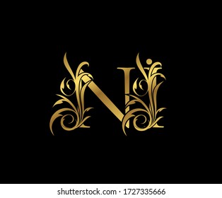 Luxury Gold N, I and NI Letter Classy Floral Logo Icon. Vintage drawn emblem for book design, weeding card, letter stamp, Restaurant, Boutique, Hotel. 