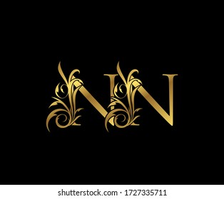 Luxury Gold N and NN Letter Classy Floral Logo Icon. Vintage drawn emblem for book design, weeding card, letter stamp, Restaurant, Boutique, Hotel. 