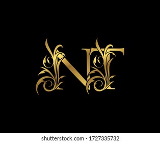 Luxury Gold N, T and NT Letter Classy Floral Logo Icon. Vintage drawn emblem for book design, weeding card, letter stamp, Restaurant, Boutique, Hotel. 