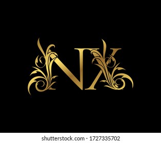 Luxury Gold N, X and NX Letter Classy Floral Logo Icon. Vintage drawn emblem for book design, weeding card, letter stamp, Restaurant, Boutique, Hotel. 