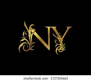 Luxury Gold N, Y and NY Letter Classy Floral Logo Icon. Vintage drawn emblem for book design, weeding card, letter stamp, Restaurant, Boutique, Hotel. 