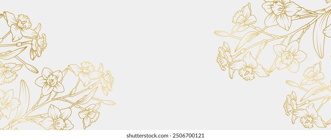 Luxury gold Narcissus flowers background. Daffodil Floral pattern tropical in line art style for greeting, invitation, wedding card, wall art, wallpaper and print. Vector illustration