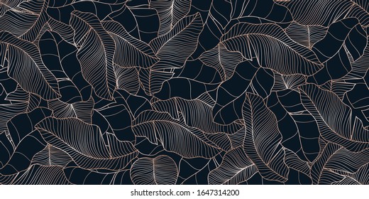 Luxury Gold Natural Leaf Background Vector. Banana Leaf Line Arts Wallpaper Vector Illustration.