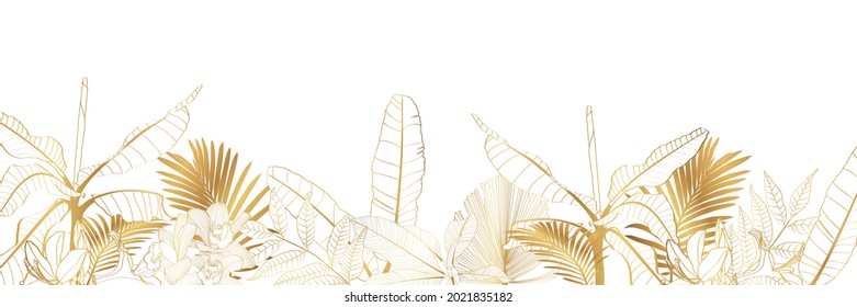 Luxury gold nature background. Floral pattern, Golden bananas, palms, exotic flowers, line arts illustration.