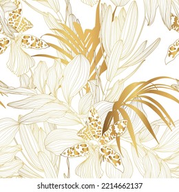 Luxury gold nature background. Floral seamless pattern, Golden bananas, palms, exotic flowers, line arts illustration.