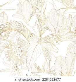 Luxury gold nature background. Floral seamless pattern, Golden  exotic flowers, line arts illustration.