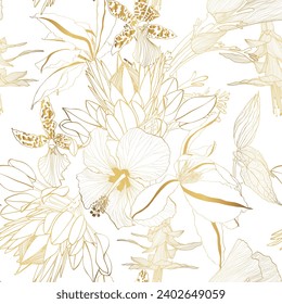 Luxury gold nature background. Floral seamless pattern, Golden  exotic flowers, line arts illustration.