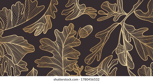 Luxury gold and nature  background vector. Walnut tree leaf pattern, Golden split-leaf plant with abstract line arts, Vector illustration.