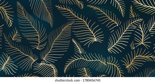 Luxury gold and nature  background vector. Floral pattern, Golden split-leaf plant with abstract line arts, Vector illustration.
