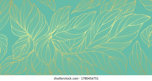 Luxury gold and nature  background vector. Floral pattern, Golden split-leaf plant with abstract line arts, Vector illustration.