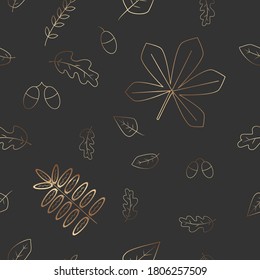 Luxury gold nature background vector. Floral pattern, Golden oak leaves, acorns, the leaves of chestnut and mountain ash line arts on dark grey background. Vector illustration.