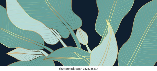 Luxury gold nature background vector. Floral pattern, Golden Tropical lant with line art style  design for wall arts, greeting card, wallpaper and print. Vector illustration.