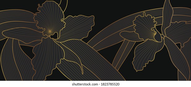 Luxury gold nature background vector. Floral pattern, Golden Tropical lant with line art style  design for wall arts, greeting card, wallpaper and print. Vector illustration.