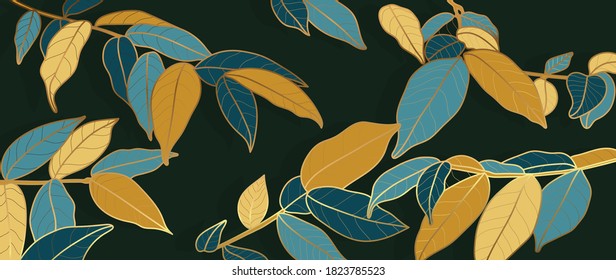 Luxury gold nature background vector. Floral pattern, Golden Tropical lant with line art style  design for wall arts, greeting card, wallpaper and print. Vector illustration.