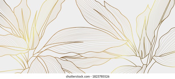 Luxury gold nature background vector. Floral pattern, Golden Tropical lant with line art style  design for wall arts, greeting card, wallpaper and print. Vector illustration.