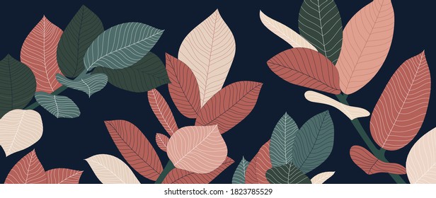Luxury gold nature background vector. Floral pattern, Golden Tropical lant with line art style  design for wall arts, greeting card, wallpaper and print. Vector illustration.